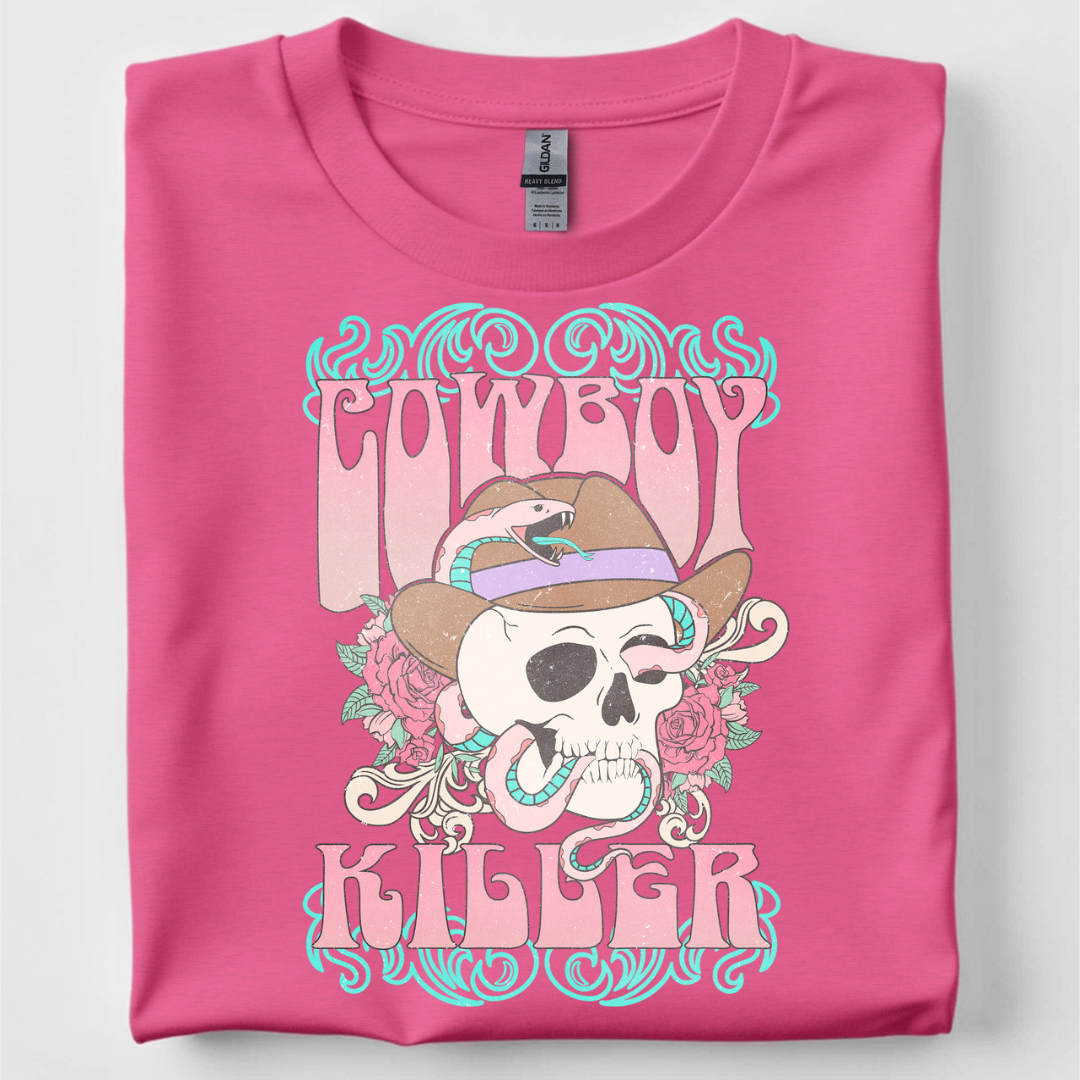 Made to Order | Cowboy Killer Skull Design Graphic Tee or Sweatshirt in Multiple Printing Options on Pink