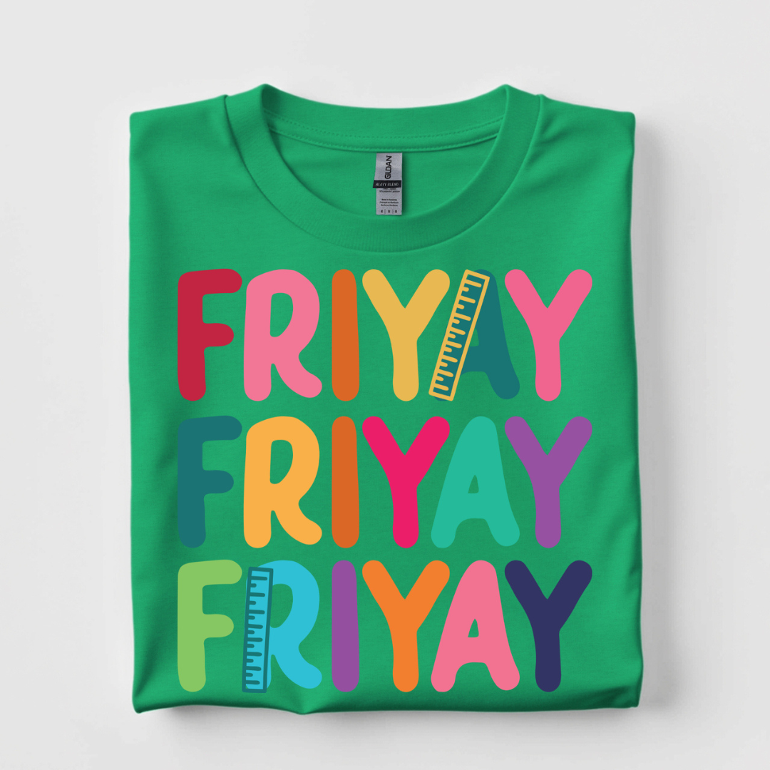 Kelly green graphic tee featuring colorful FriYAY lettering with ruler-inspired details for teachers.