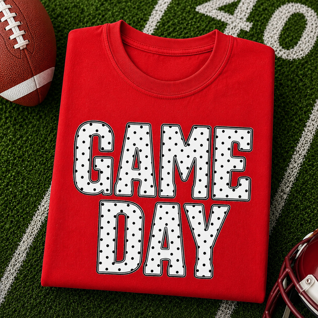Red graphic tee featuring bold white "GAME DAY" lettering with black polka dots.