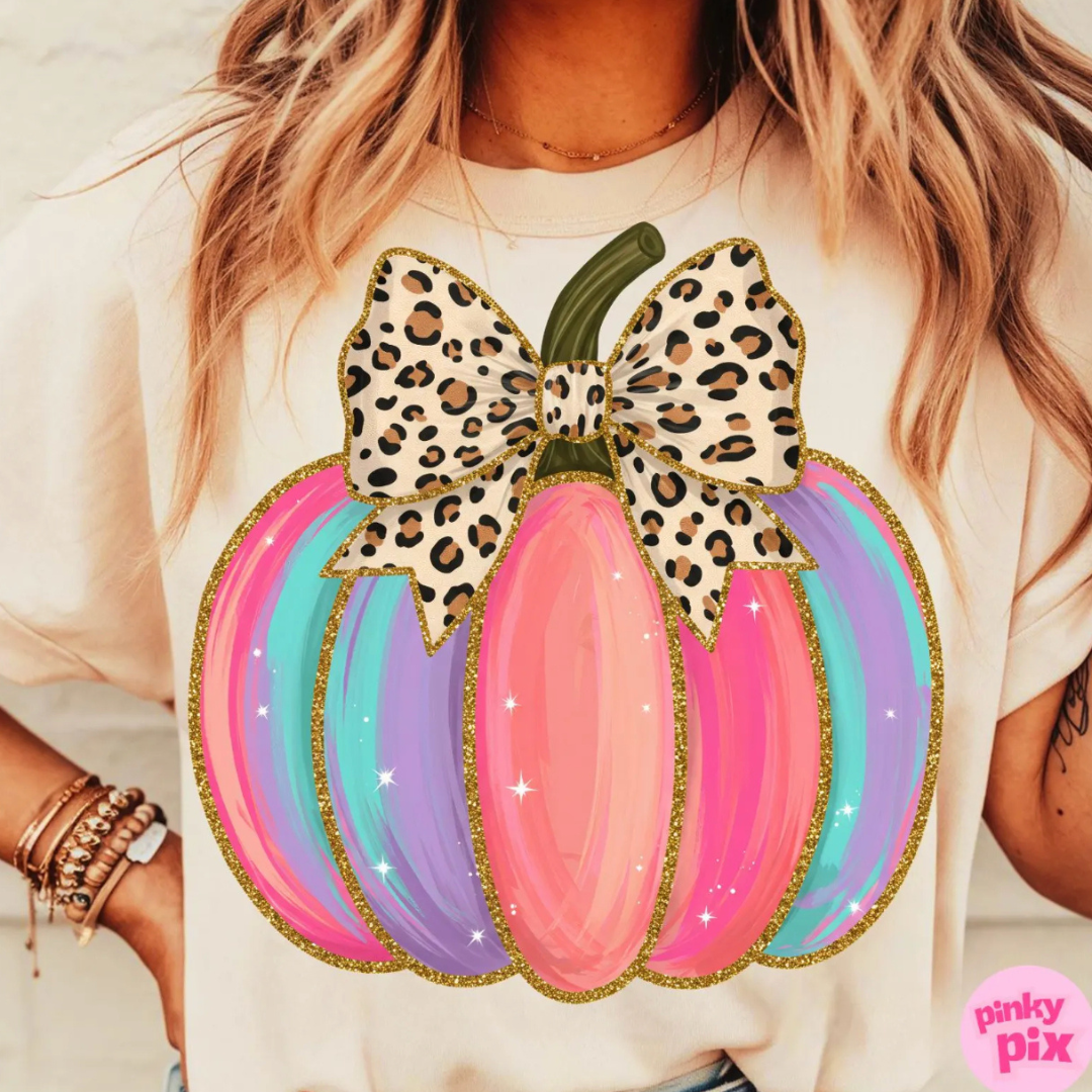 Online Exclusive | Girly Leopard Bow Pumpkin Graphic Design Tee or Sweatshirt in Multiple Printing Options on Cream