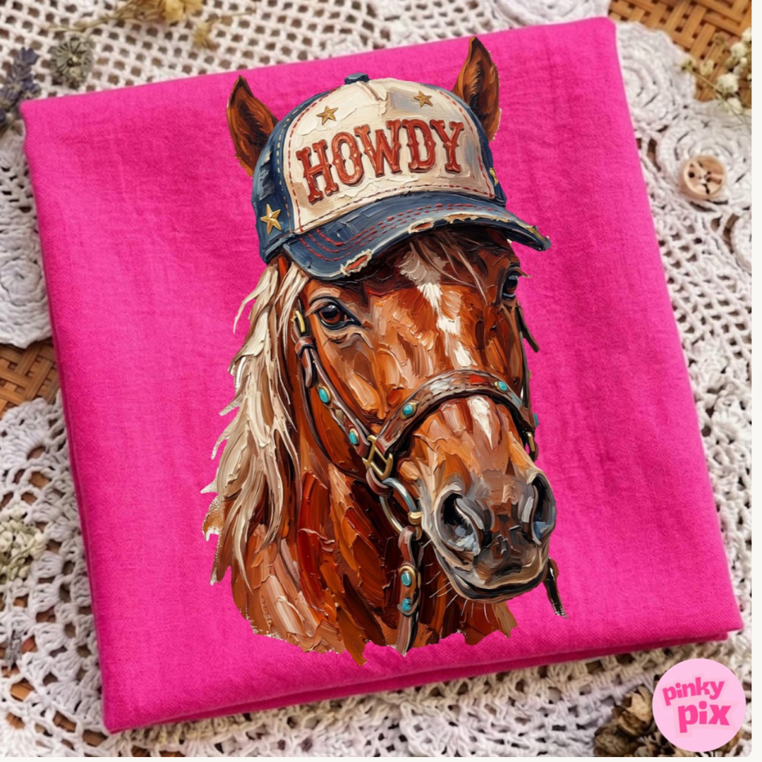 Hot pink graphic tee featuring a detailed horse portrait wearing a vintage-inspired Howdy trucker hat.