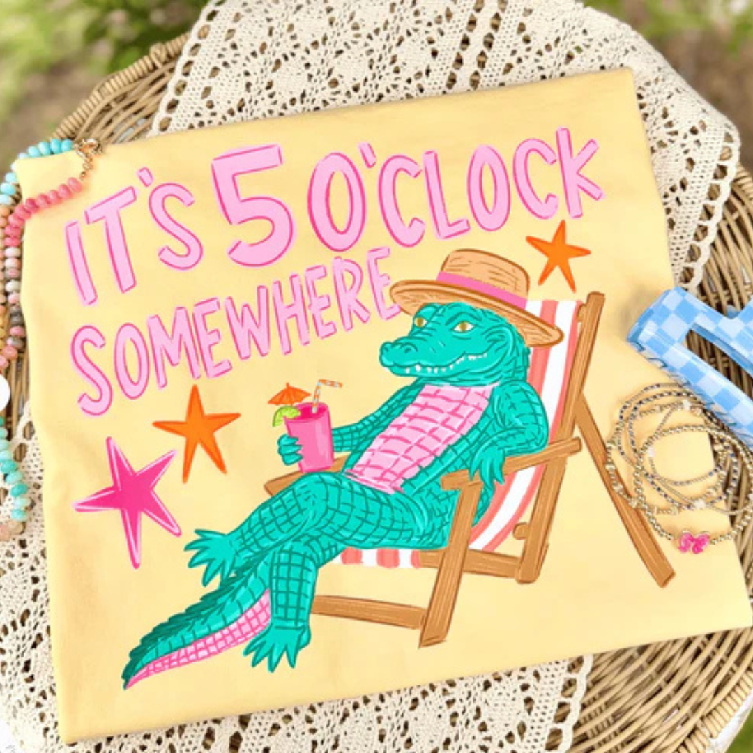 Butter yellow Comfort Colors graphic t-shirt featuring a lounging alligator with a tropical drink and It&