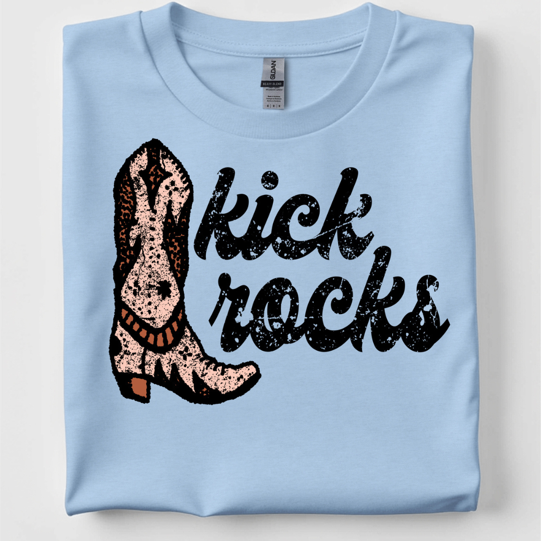 Online Exclusive | Kick Rocks Boot Design Graphic Tee or Sweatshirt in Multiple Printing Options on Light Blue