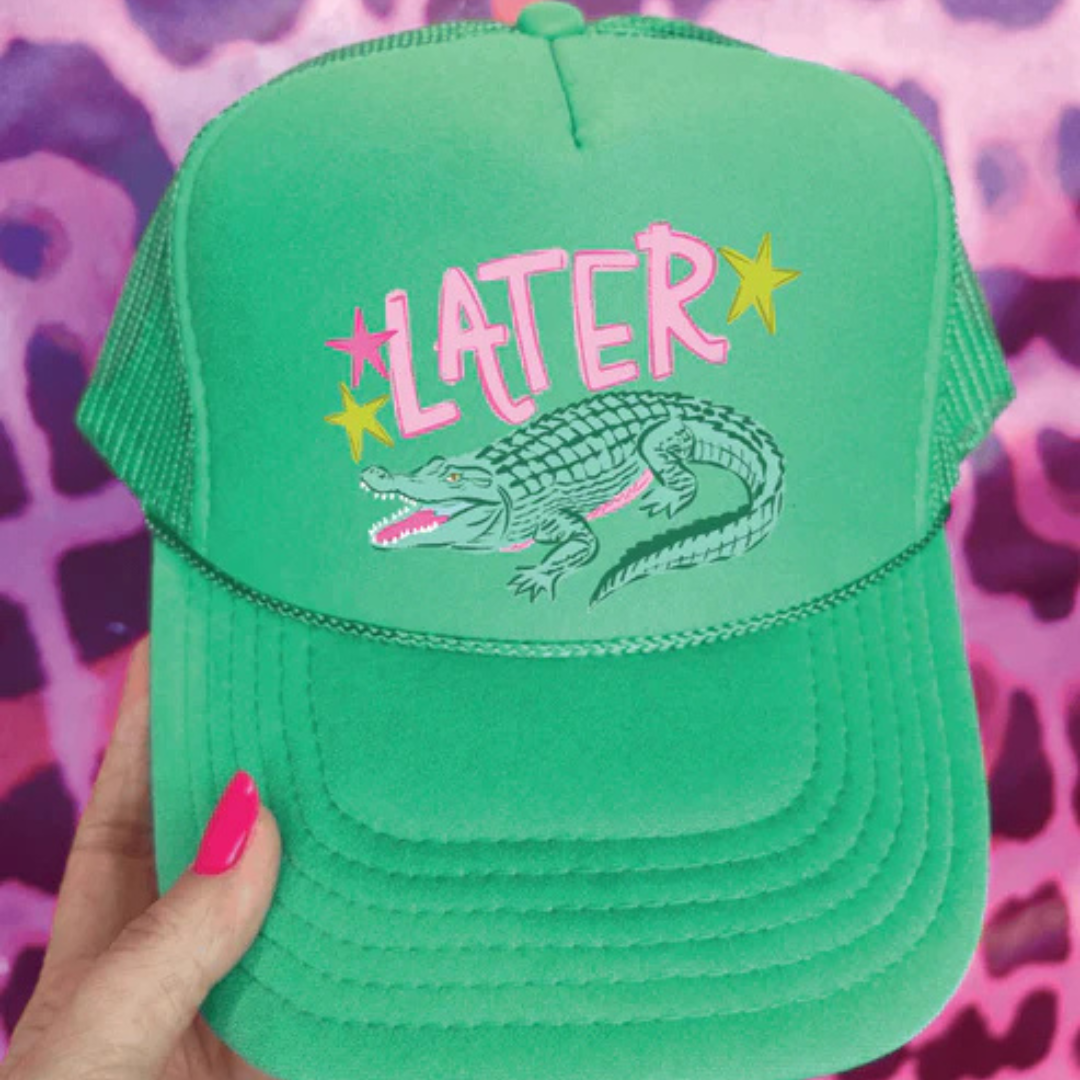 Cactus green foam trucker hat featuring a Later Gator graphic with a hand-drawn alligator and colorful retro-inspired accents.