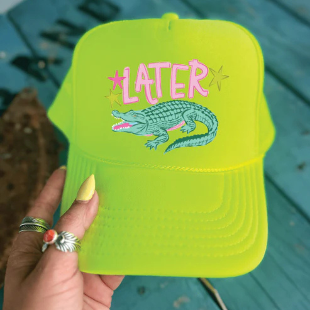 Neon Green foam trucker hat featuring a Later Gator graphic with a hand-drawn alligator and colorful retro-inspired accents.