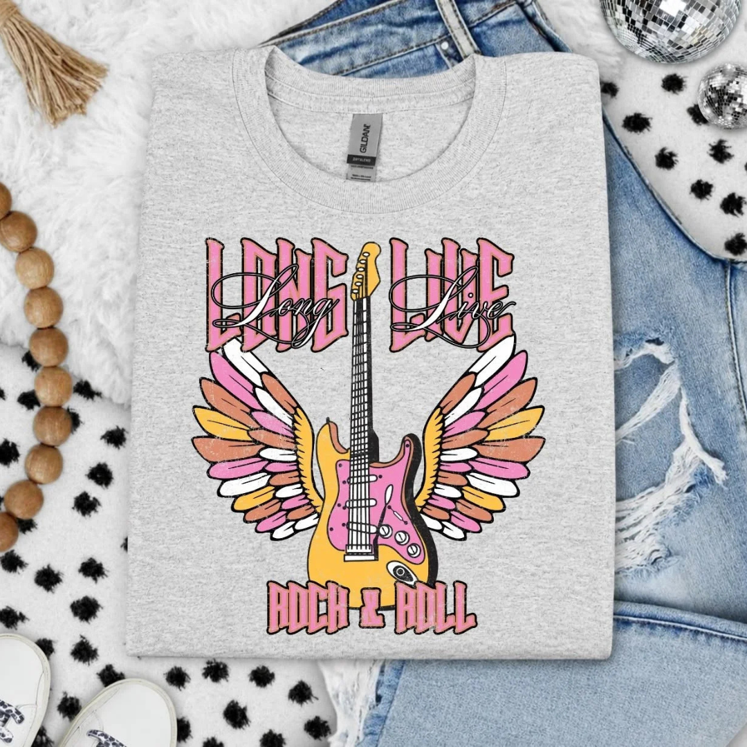 Heather gray graphic tee featuring a colorful winged guitar and Long Live Rock &amp; Roll graphic.