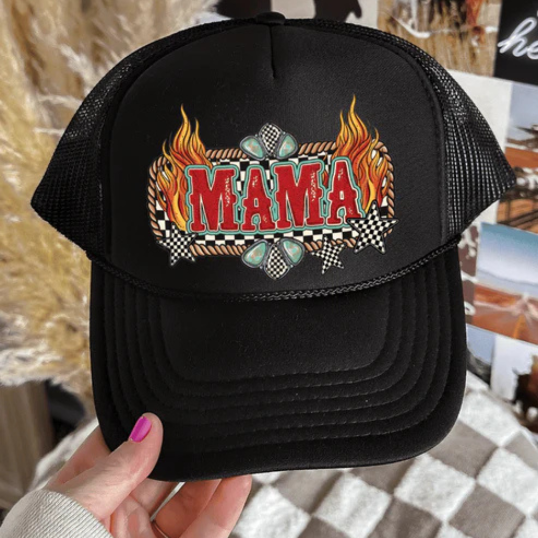 Black foam trucker hat featuring a colorful MAMA graphic with flames, turquoise accents, rope details, and checkered flag artwork.