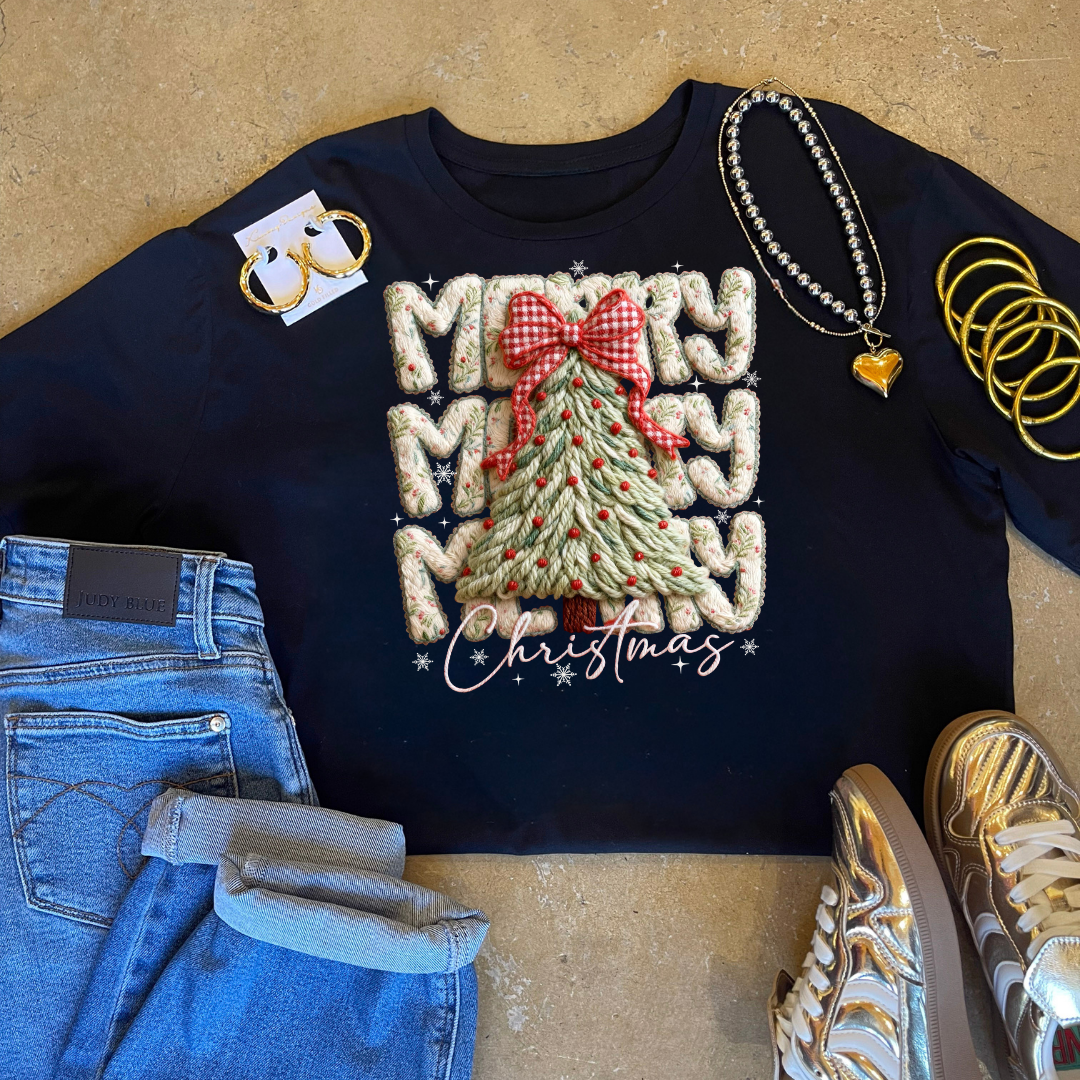 Online Exclusive | Merry Christmas Puffy Faux Yarn Tree Christmas Graphic on Tee and Sweatshirt Options