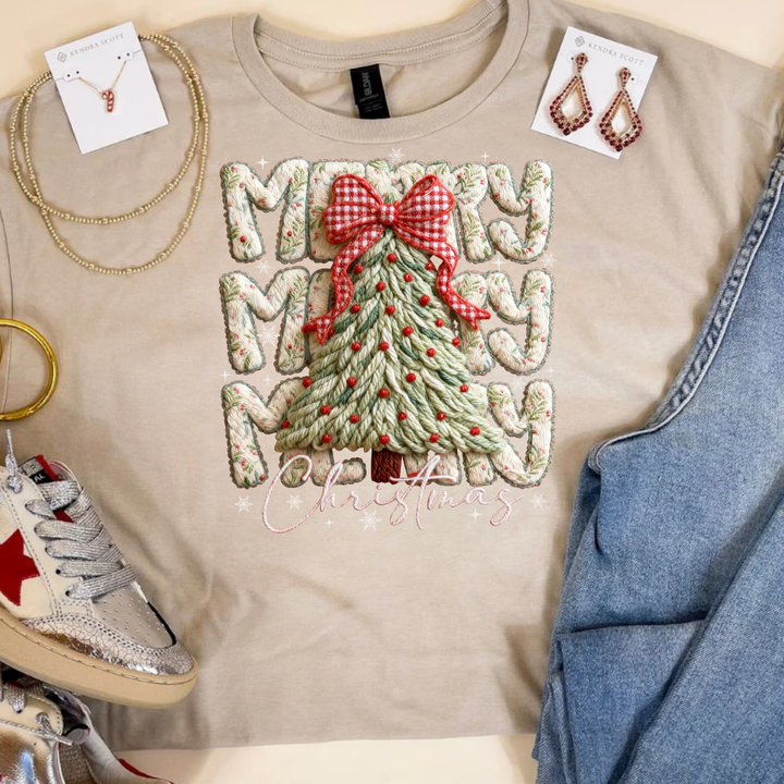 Online Exclusive | Merry Christmas Puffy Faux Yarn Tree Christmas Graphic on Tee and Sweatshirt Options