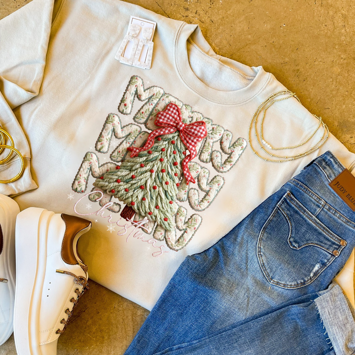 Online Exclusive | Merry Christmas Puffy Faux Yarn Tree Christmas Graphic on Tee and Sweatshirt Options