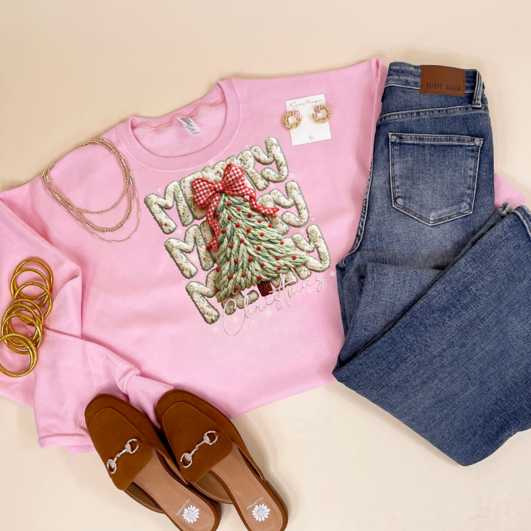 Online Exclusive | Merry Christmas Puffy Faux Yarn Tree Christmas Graphic on Tee and Sweatshirt Options