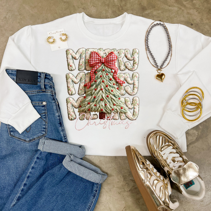Online Exclusive | Merry Christmas Puffy Faux Yarn Tree Christmas Graphic on Tee and Sweatshirt Options