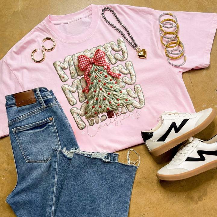 Online Exclusive | Merry Christmas Puffy Faux Yarn Tree Christmas Graphic on Tee and Sweatshirt Options