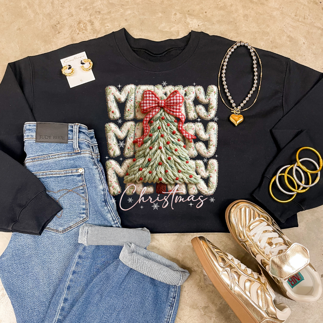 Online Exclusive | Merry Christmas Puffy Faux Yarn Tree Christmas Graphic on Tee and Sweatshirt Options