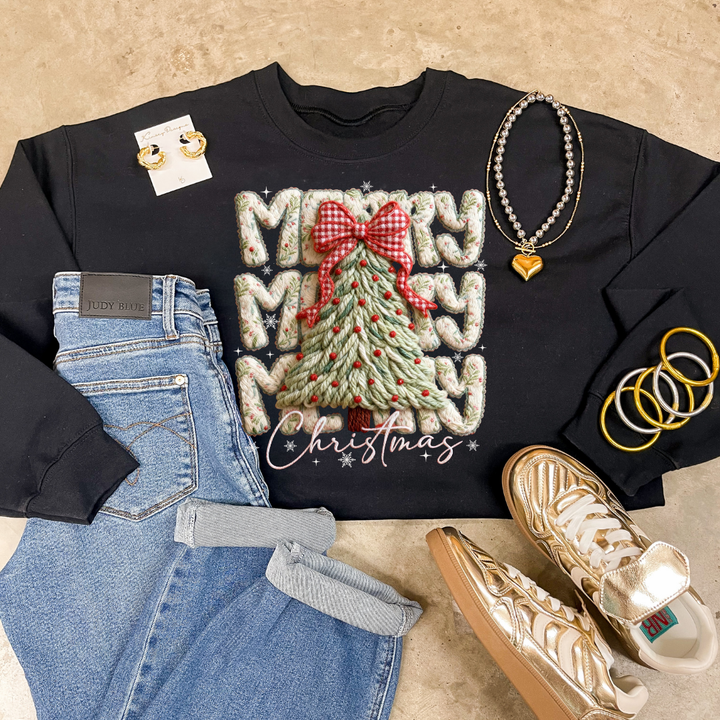 Online Exclusive | Merry Christmas Puffy Faux Yarn Tree Christmas Graphic on Tee and Sweatshirt Options