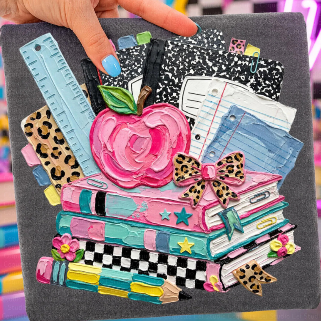 Charcoal gray graphic tee featuring a colorful hand-painted design of books, composition notebooks, ruler, notebook paper, pencils, and a pink apple.