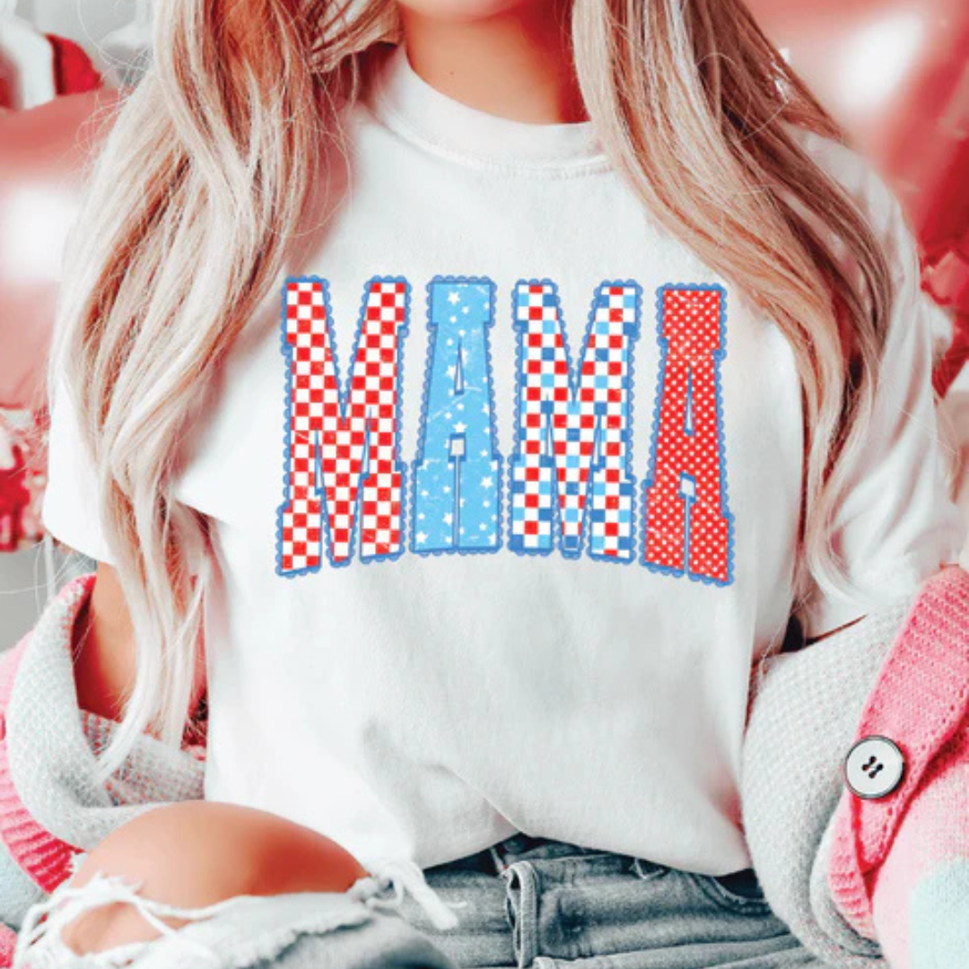 Comfort Colors graphic t-shirt featuring patriotic MAMA lettering with red, white, and blue patterns on multiple shirt color options.