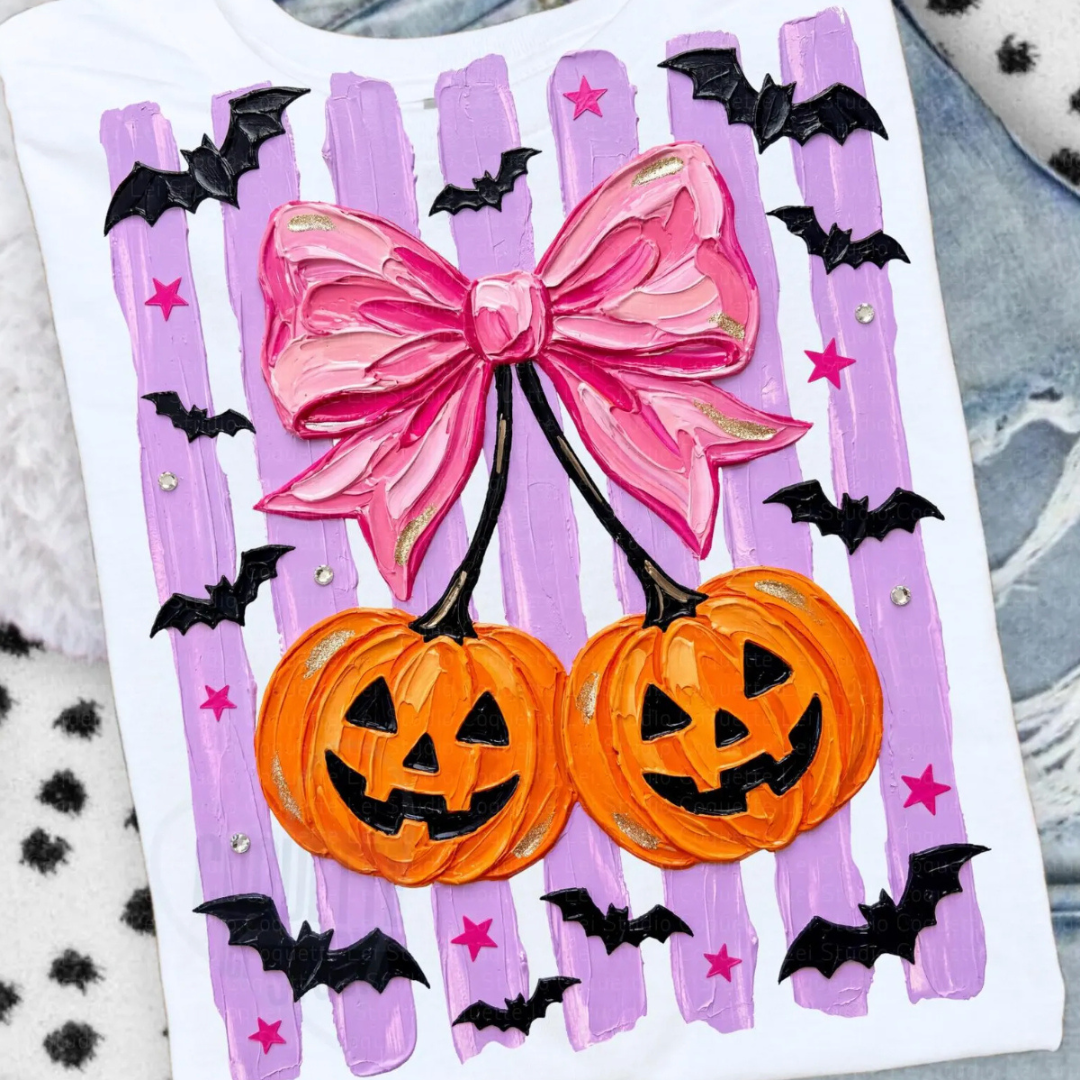 White graphic tee featuring two smiling jack-o&