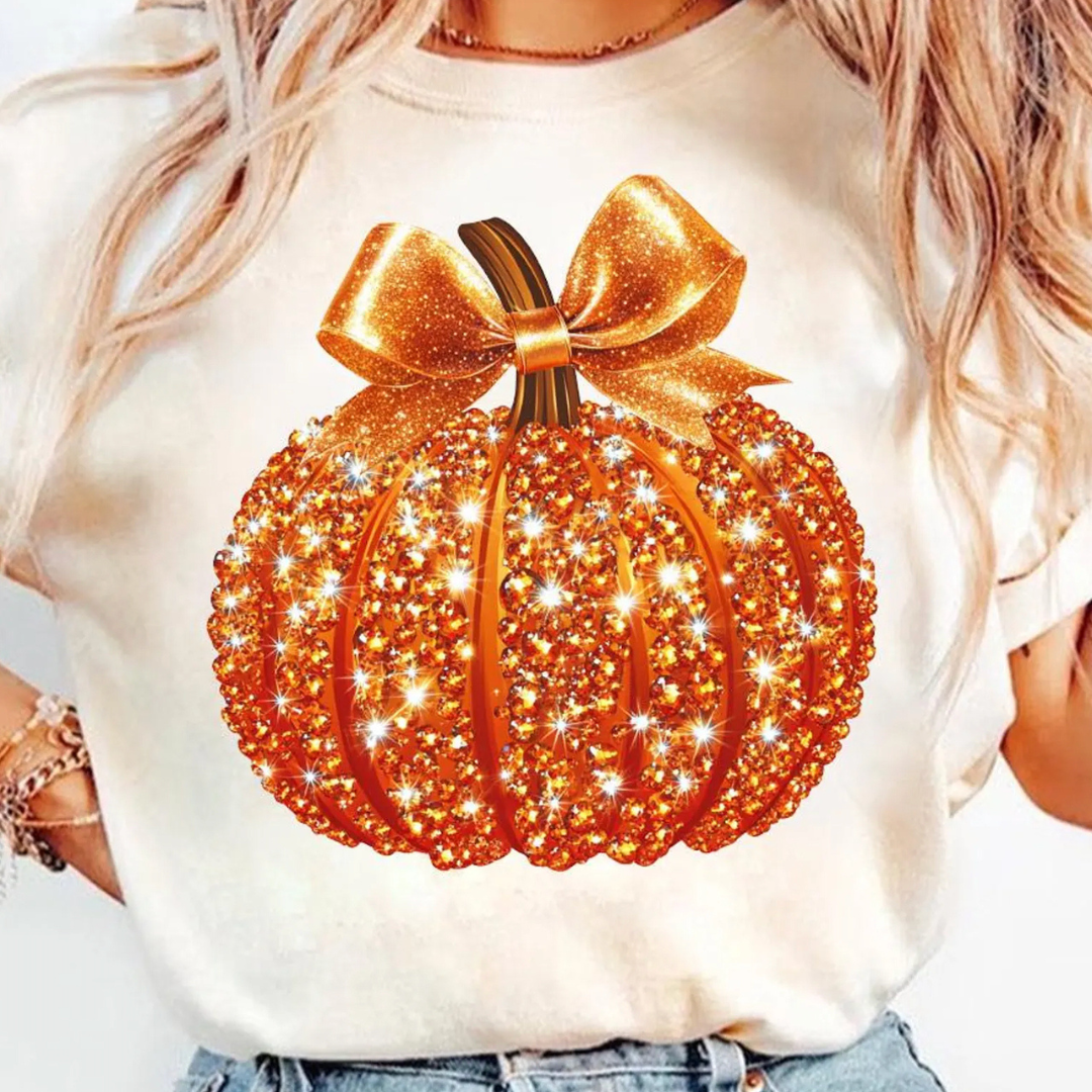 Made to Order | Rhinestone Blingy Pumpkin Graphic Design Tee or Sweatshirt in Multiple Printing Options on Cream
