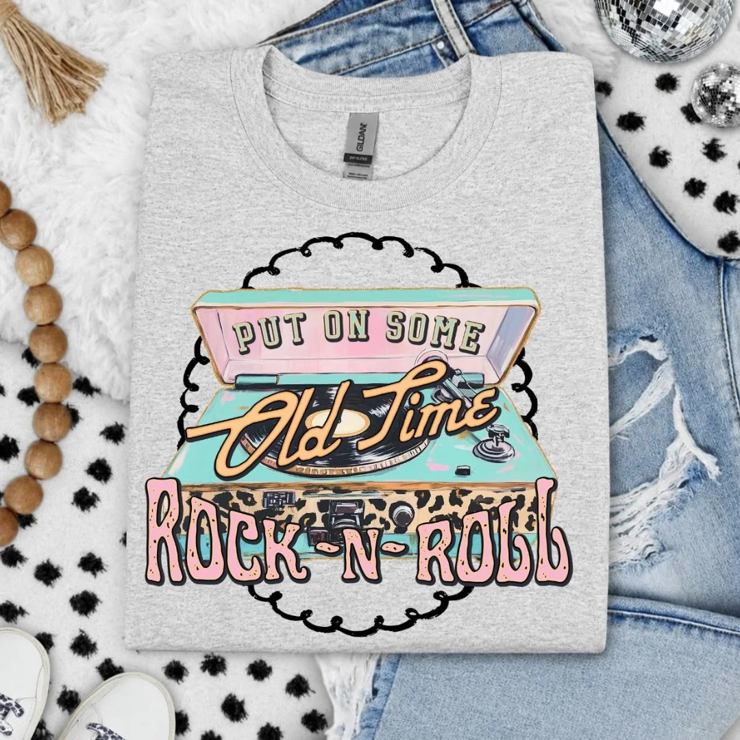 Heather gray graphic tee featuring a vintage record player with "Put on Some Old Time Rock-N-Roll" graphic and leopard print accents.