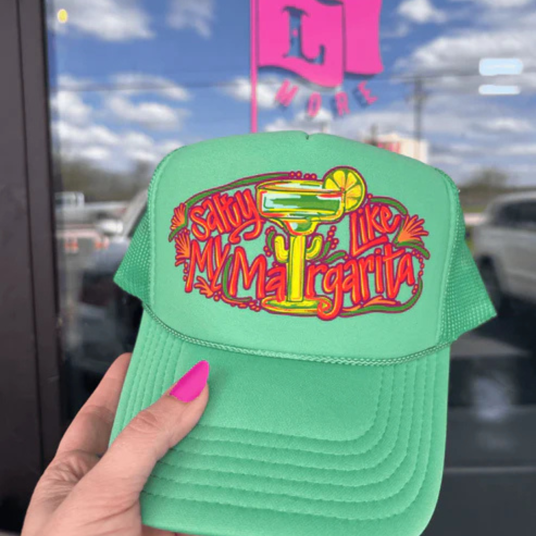 Cactus green trucker hat featuring a colorful Salty Like My Margarita graphic with a vibrant margarita glass design.