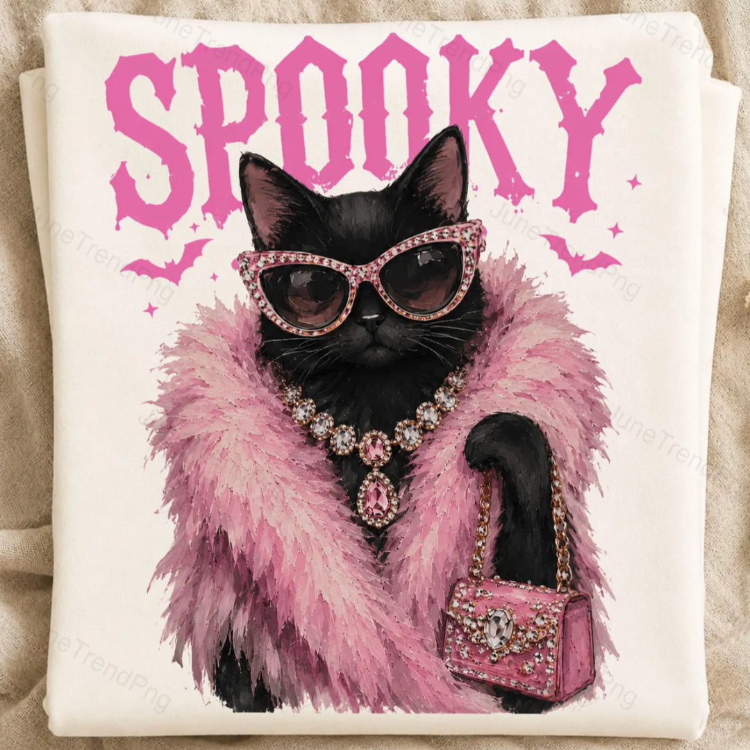 White graphic tee featuring a glamorous black cat wearing pink sunglasses, a faux fur stole, faux rhinestone jewelry, and a pink handbag with "Spooky" lettering.