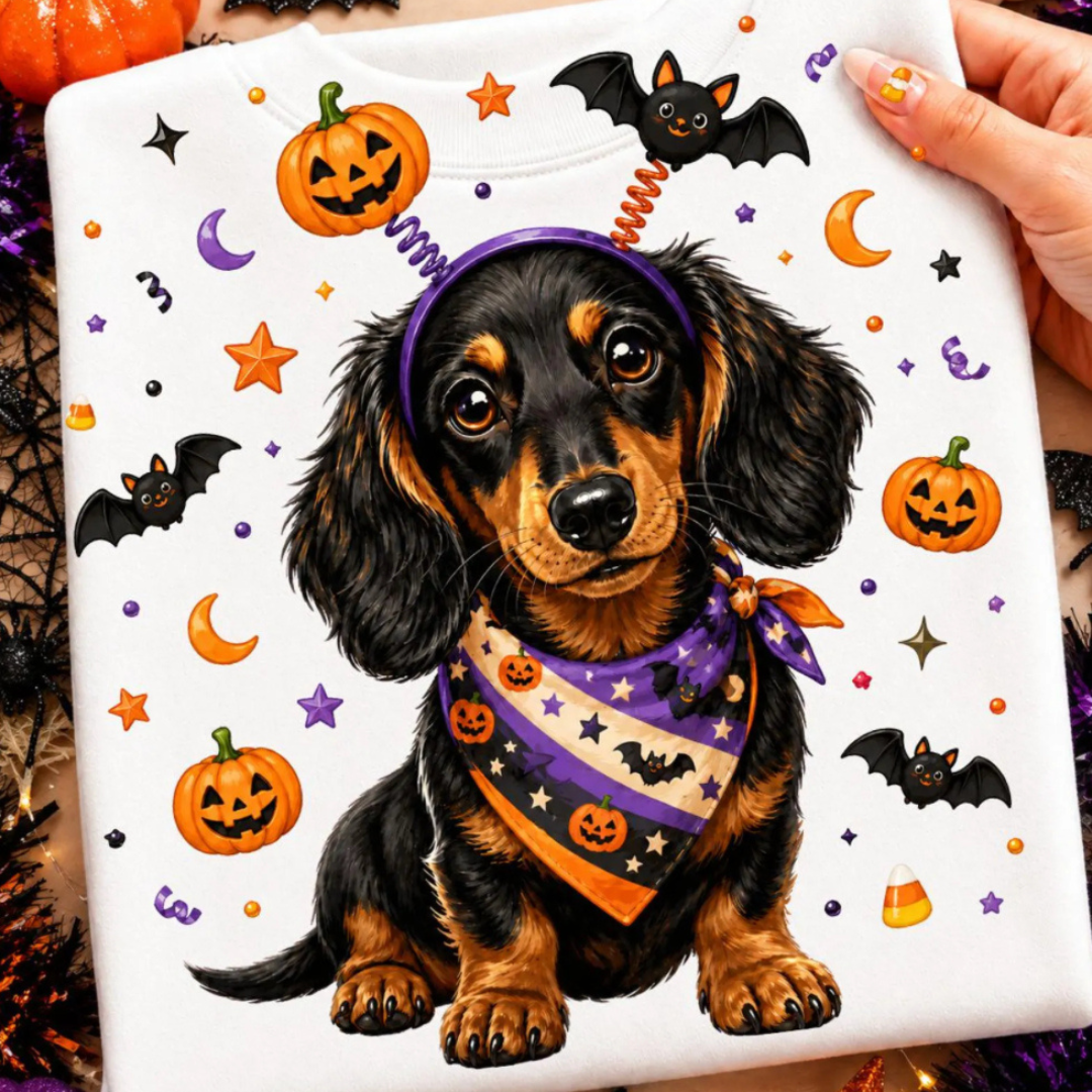 White Halloween graphic tee featuring a black and tan dachshund wearing a pumpkin and bat headband with a festive Halloween bandana, surrounded by pumpkins, bats, stars, moons, and candy corn.
