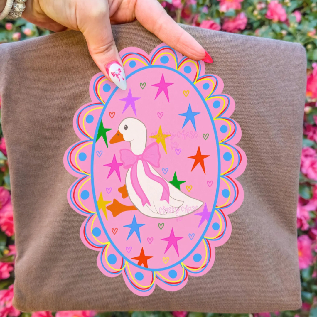 Mocha brown graphic tee featuring a white goose with a pink bow surrounded by colorful stars and hearts inside a decorative scalloped frame.