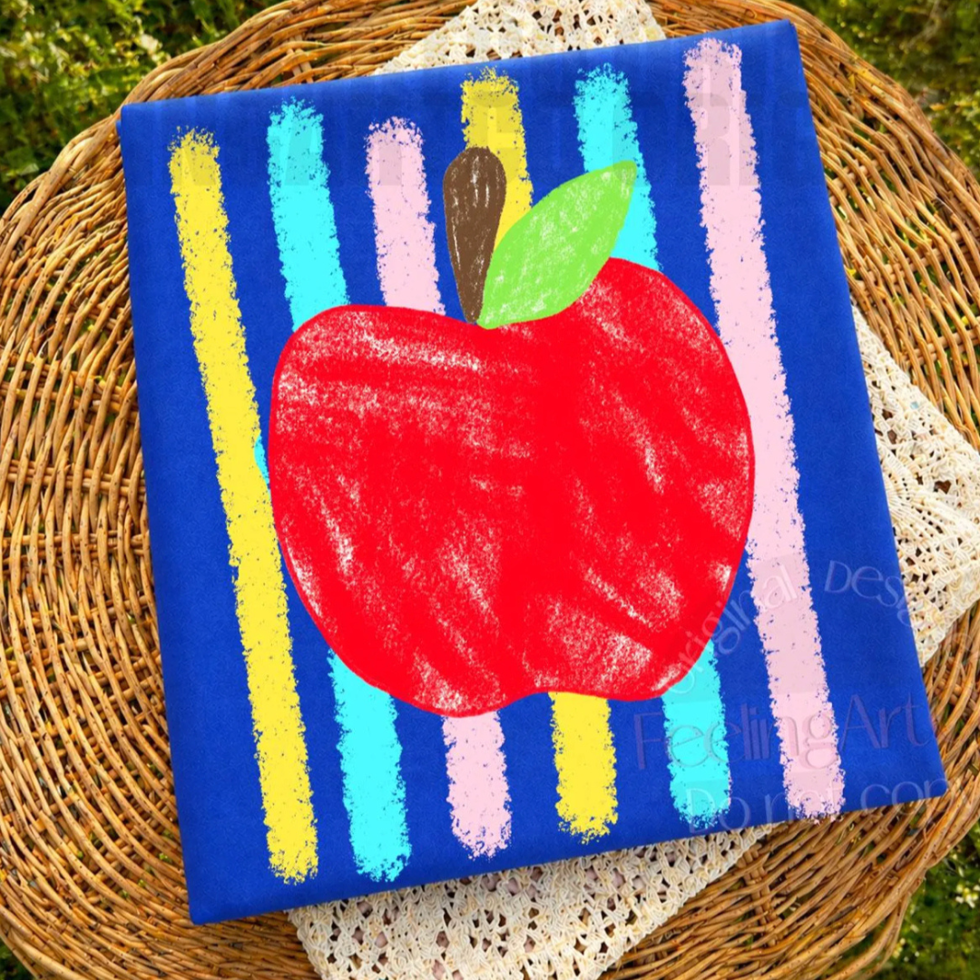 Royal blue graphic tee featuring a large red apple layered over colorful pastel stripes in a fun teacher-inspired design.