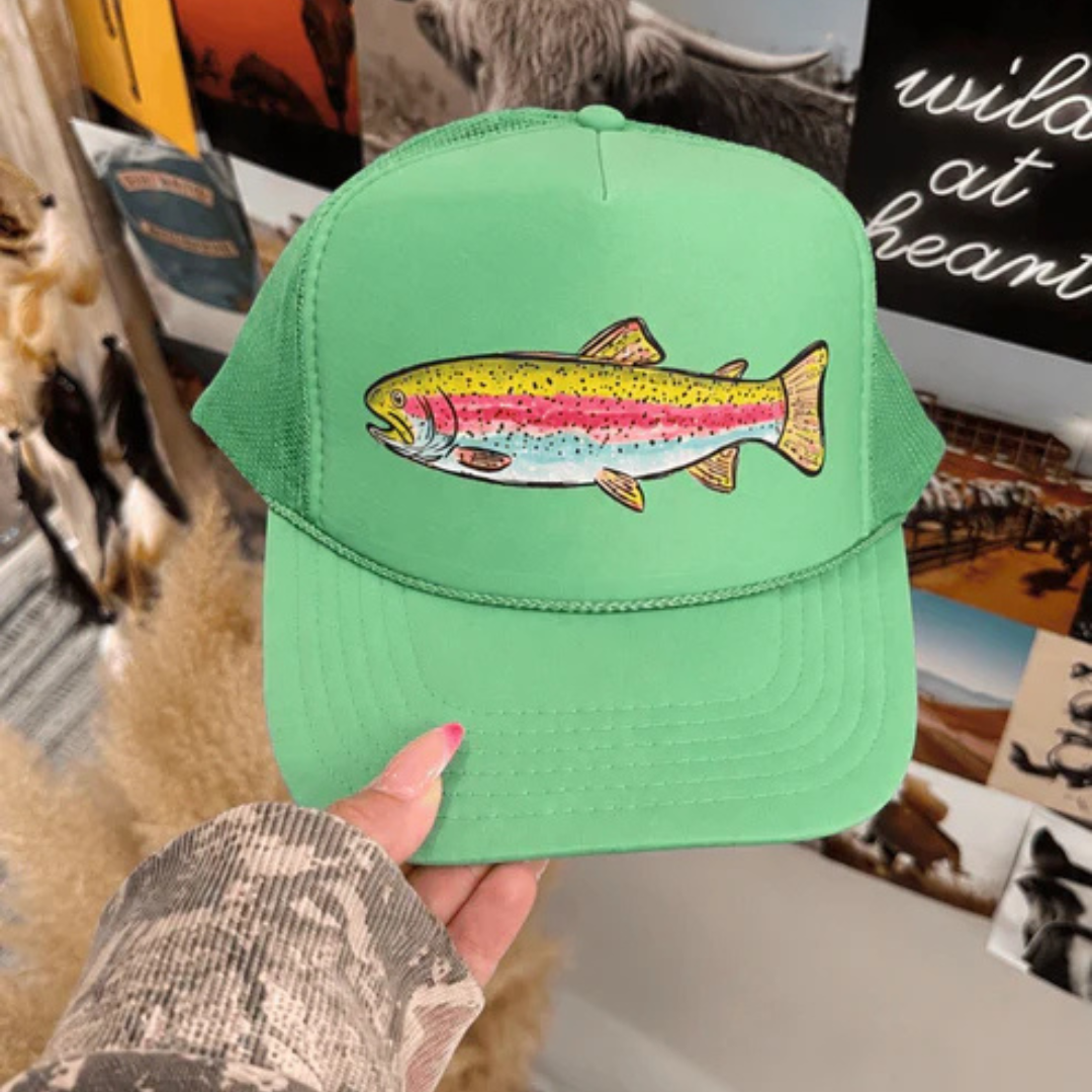Cactus green foam trucker hat featuring a detailed rainbow trout graphic with breathable mesh back and adjustable snapback closure.
