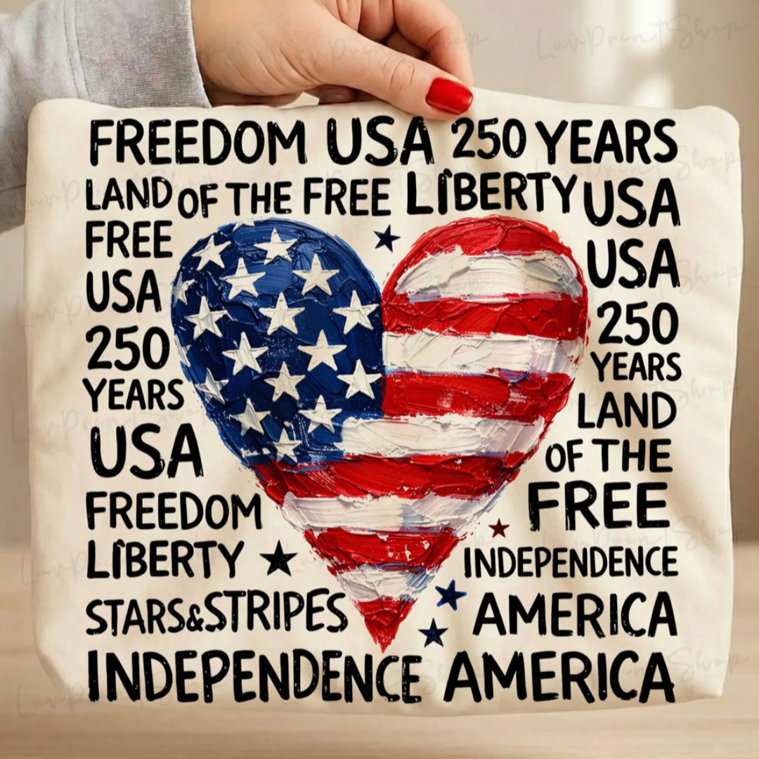 Natural cream graphic tee featuring a hand-painted American flag heart surrounded by patriotic words including Freedom, Liberty, Independence, America, and Stars &amp; Stripes.