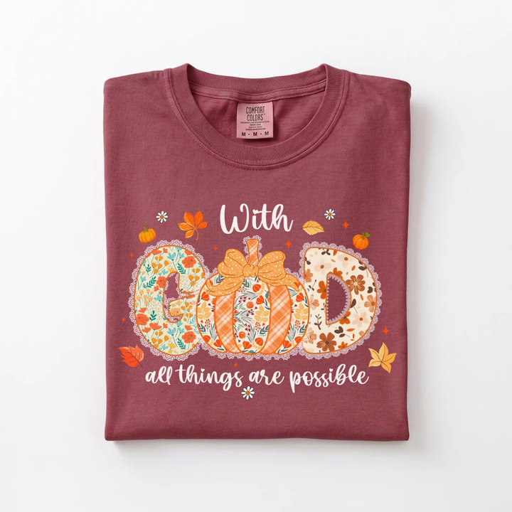 Online Exclusive | With God All Things Are Possible Floral Pumpkin Faith Graphic Design Tee on Burgundy
