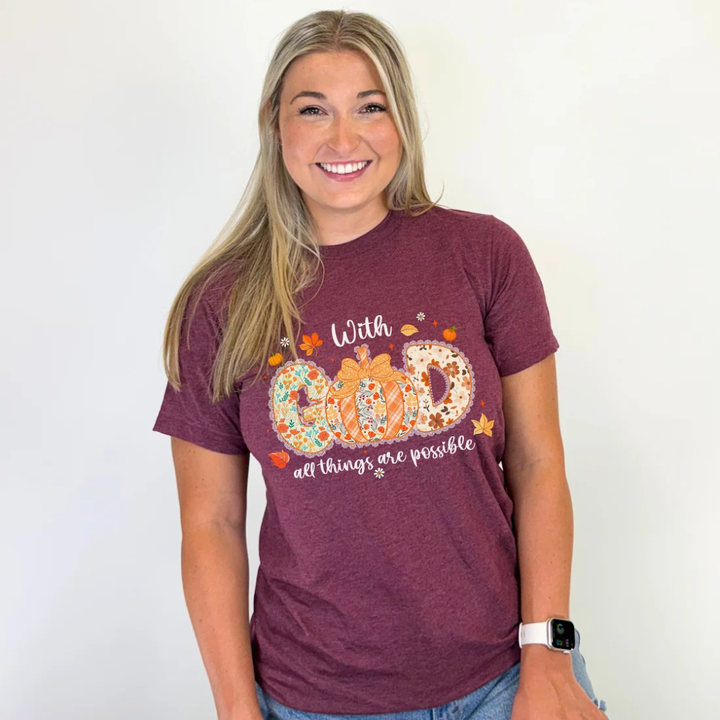 Online Exclusive | With God All Things Are Possible Floral Pumpkin Faith Graphic Design Tee on Burgundy