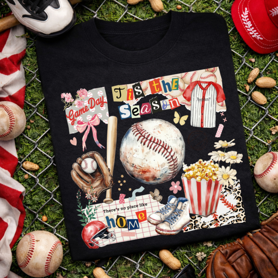Black graphic tee featuring a vintage-inspired baseball collage with baseballs, glove, bat, jersey, helmet, popcorn, florals, and the phrase "&