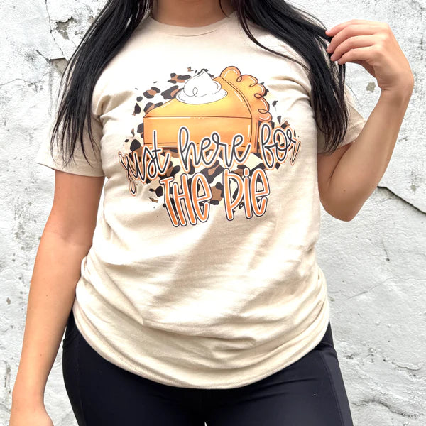 Person wearing a cream t-shirt with a pumpkin pie graphic and text against a light gray background