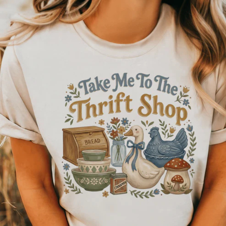 Online Exclusive | Take Me To The Thrift Shop Graphic on Tee or Sweatshirt Option in Cream