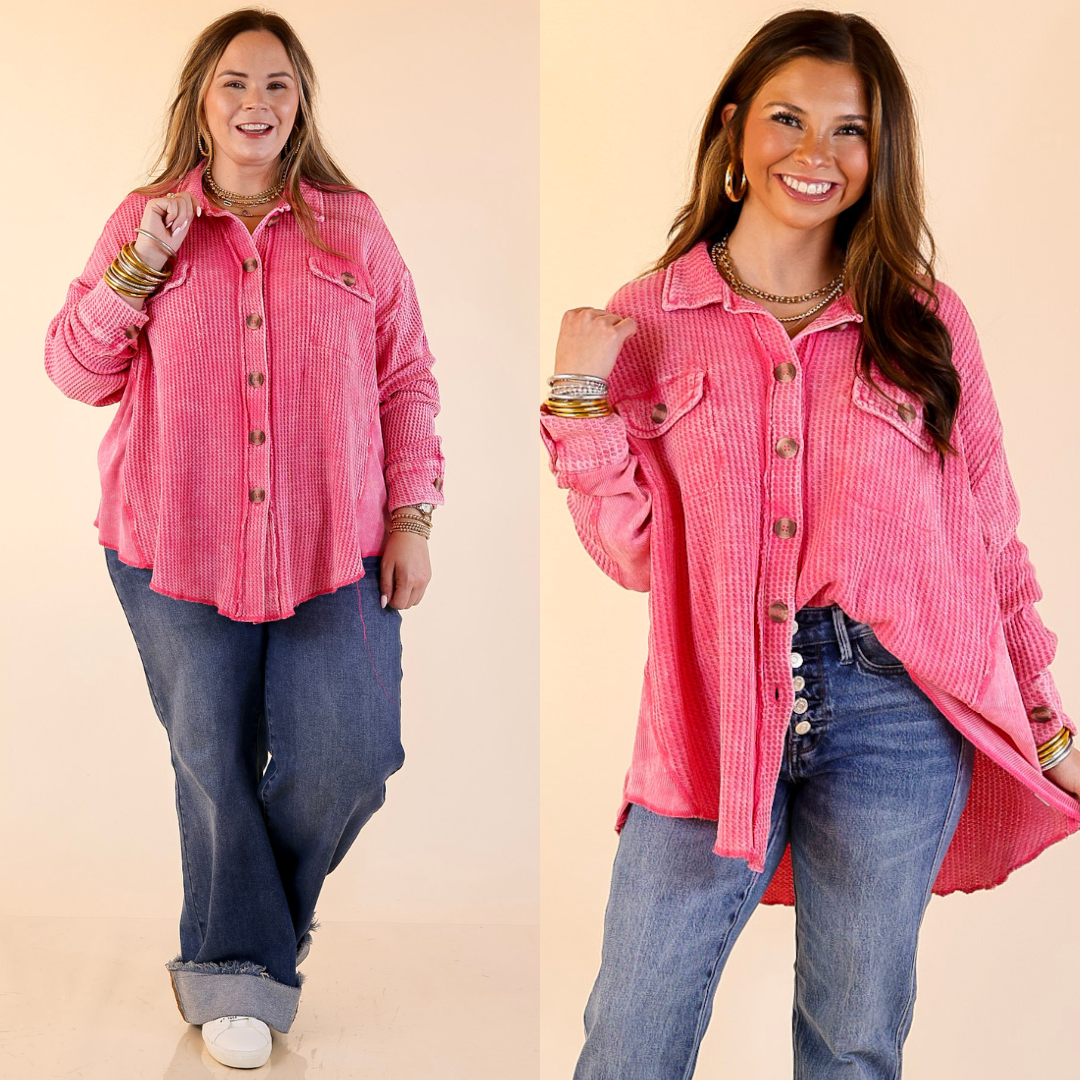 Two images of a woman wearing a pink shacket and blue jeans on a beige background.