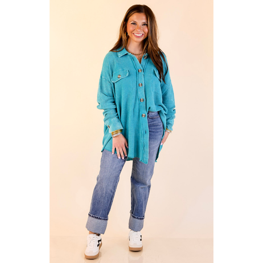 On the Move Long Sleeve Waffle Knit Button Up Shacket in Turquoise Blue