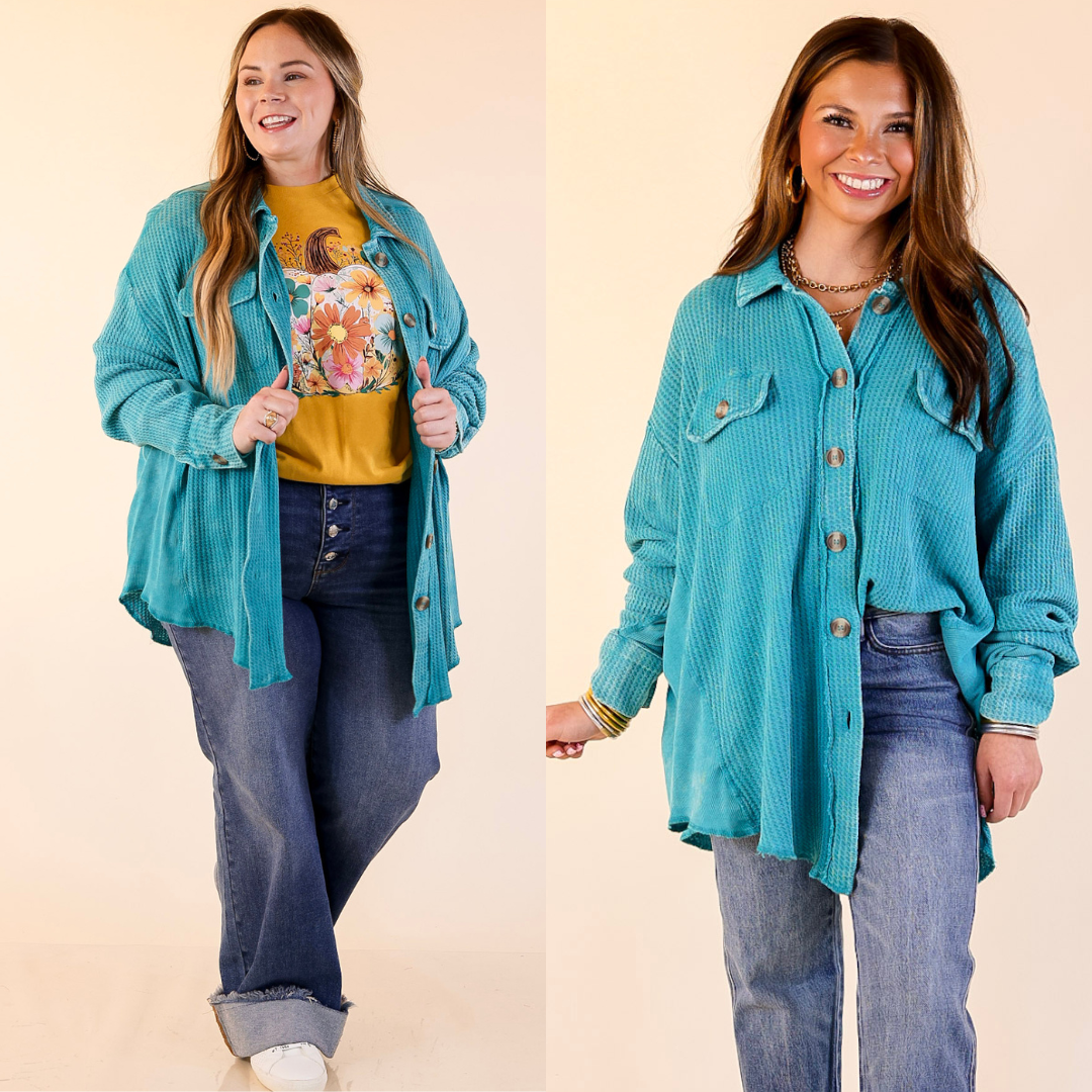 Two women wearing turquoise blue shacket. One model wearing with a graphic tee and the other wearing as a top with jeans on a beige background.