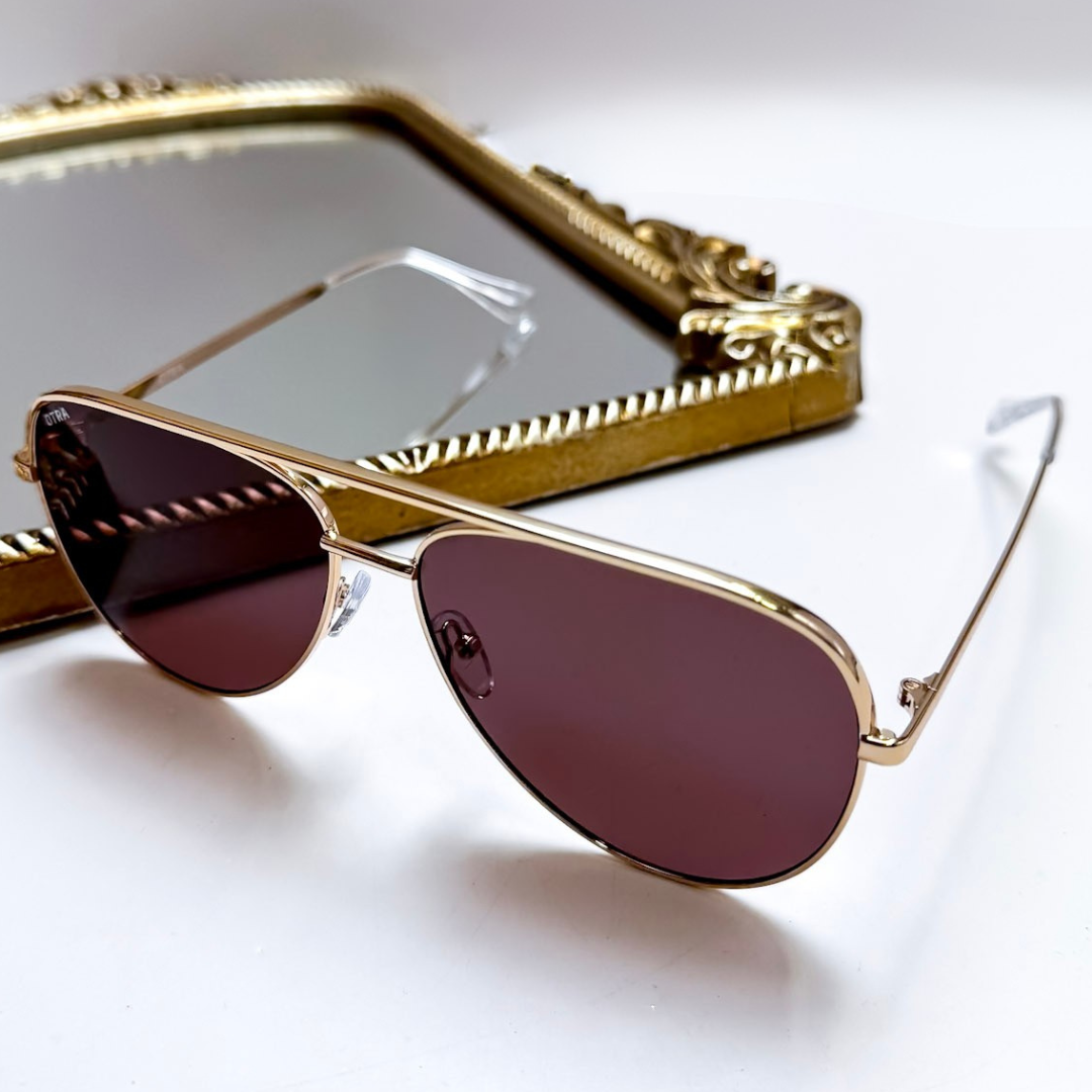 Otra Eyewear | Era Classic Aviator Gold Frame Sunglasses in Smokey Brown