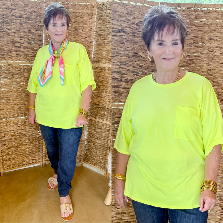 Oversized Scoop Neck High Low Pocket Tee in Neon Yellow