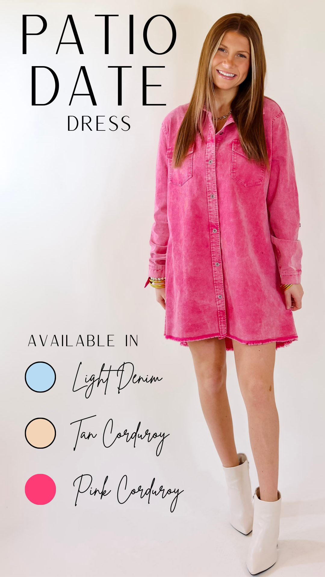 Patio Date Button Up Long Sleeve Corduroy Dress in Pink - Giddy Up Glamour Boutique