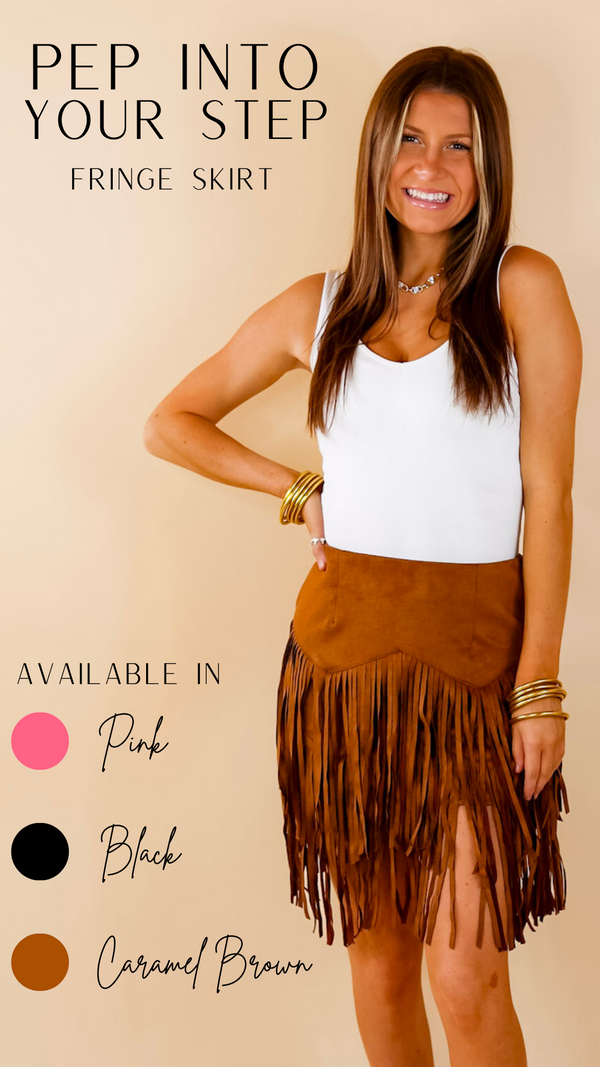 Pep Into Your Step Suede Fringe Skirt in Camel Brown