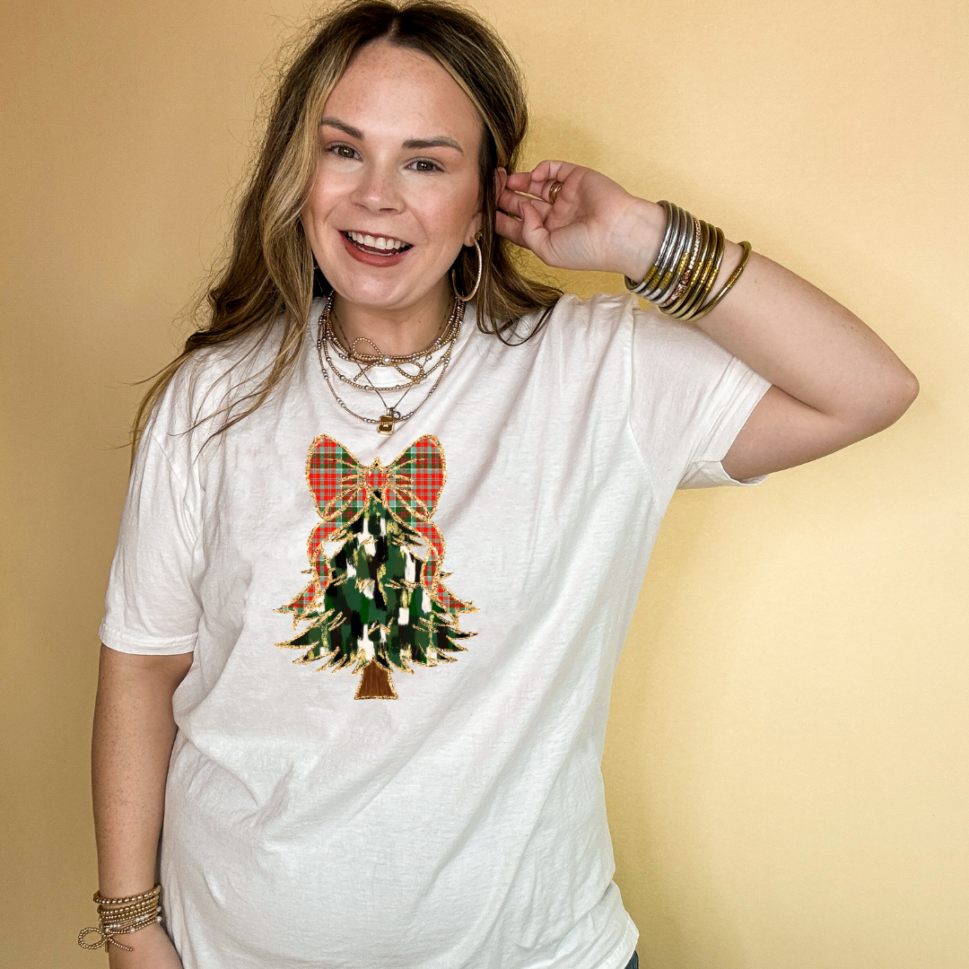 Online Exclusive | Christmas Tree Watercolor with Plaid Bow Graphic Tee in Multiple Color Options