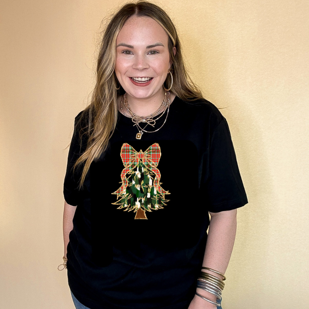 Online Exclusive | Christmas Tree Watercolor with Plaid Bow Graphic Tee in Multiple Color Options