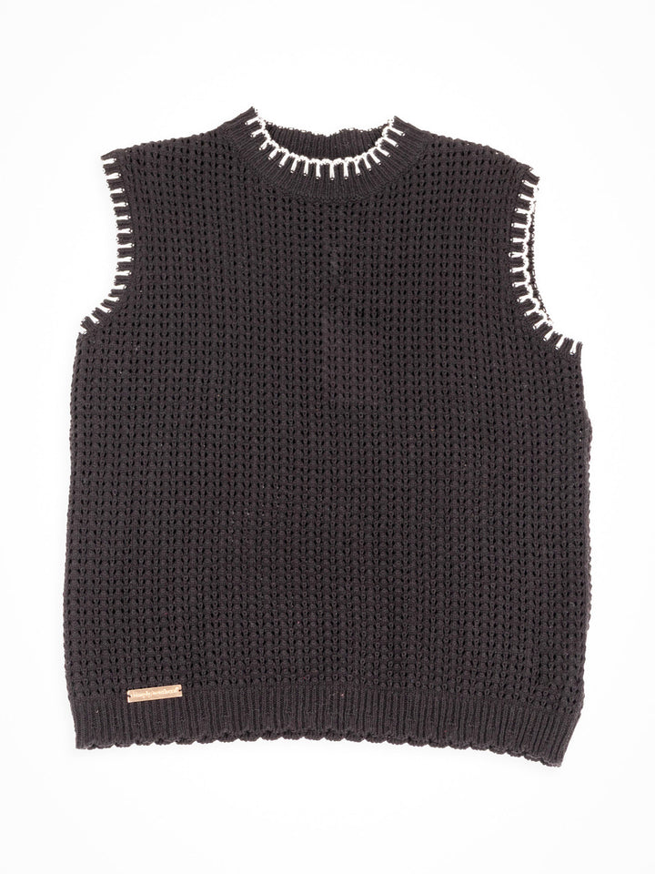 Simply Southern | Olivia Large Knit Sweater Vest with Contrast White Stitching in Black