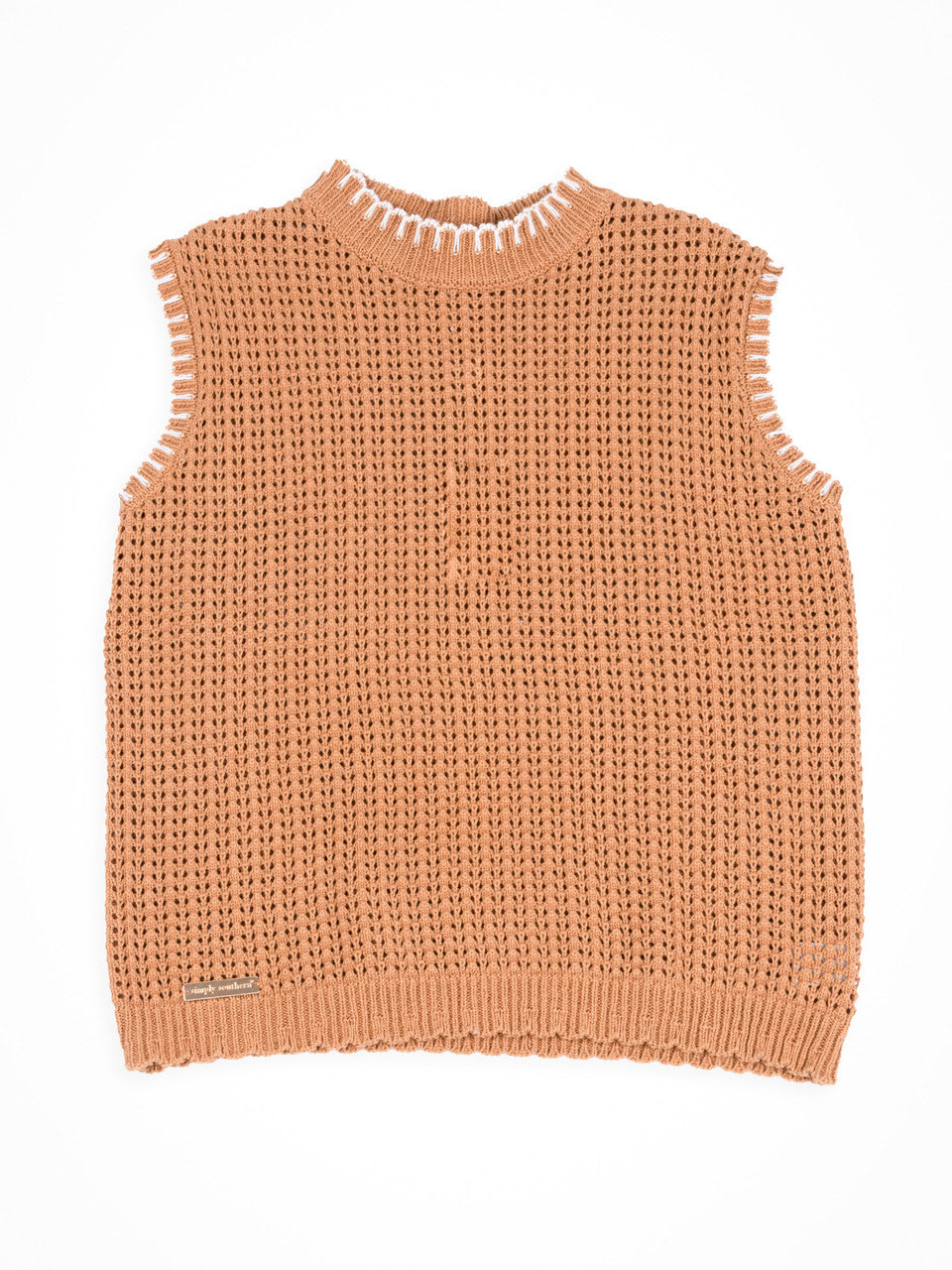 Simply Southern | Olivia Large Knit Sweater Vest with Contrast White Stitching in Tan Brown
