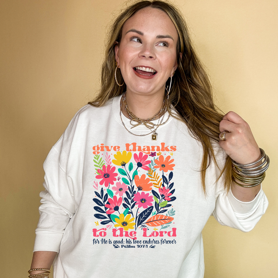 Online Exclusive | Psalm 107:1 Wildflower Wonder Graphic Sweatshirt in Multiple Color Options