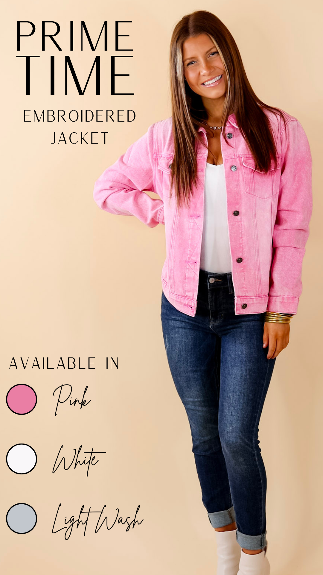 Prime Time Floral Embroidered Denim Jacket With Pockets in Pink - Giddy Up Glamour Boutique