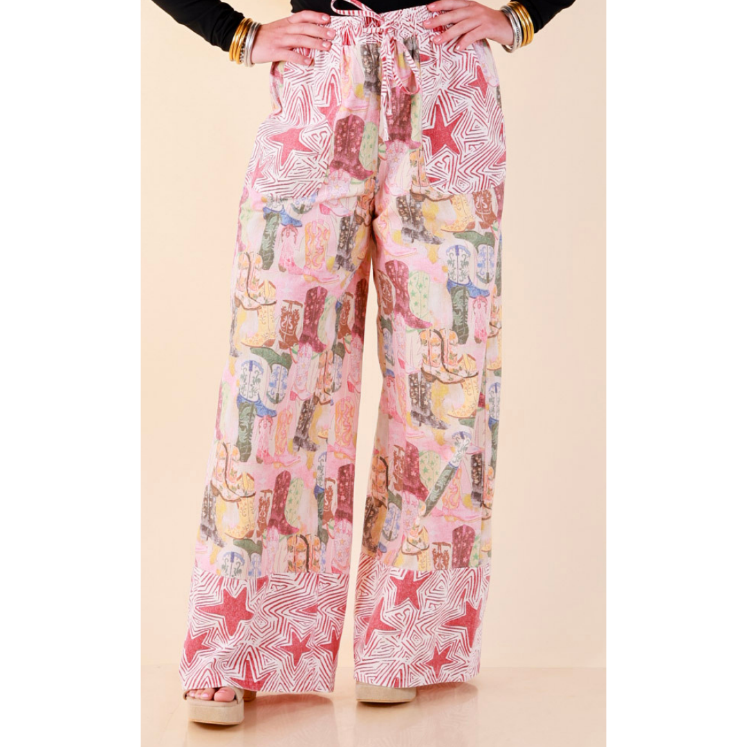 Pairs Well with Others Boots and Stars Mixed Print Drawstring Pants with Elastic Waistband in Red Mix